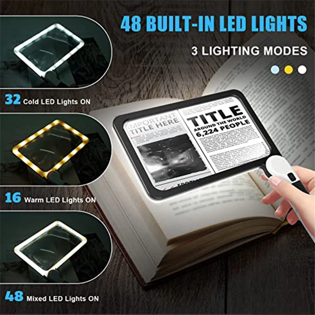 Full-Page 5X Magnifying Glass for Reading, Folding Lighted Magnifier with 48 LED Lights, Rectangular Handhold Magnifier