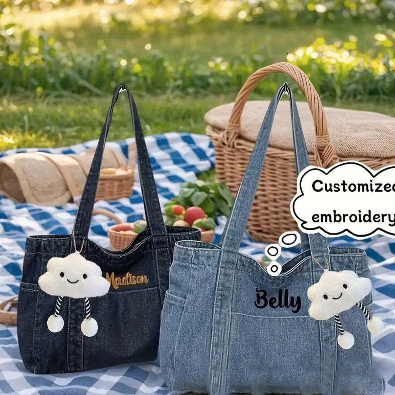 Custom Embroidered Denim Tote Bag | Personalised Women's Shoulder Bag