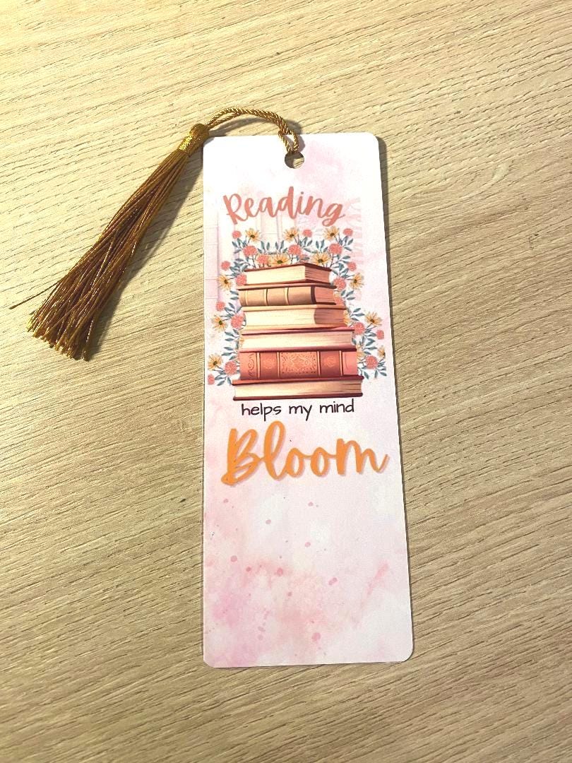 Floral Stack of Books Bookmark – Reading Helps My Mind Bloom, Gold Tassel