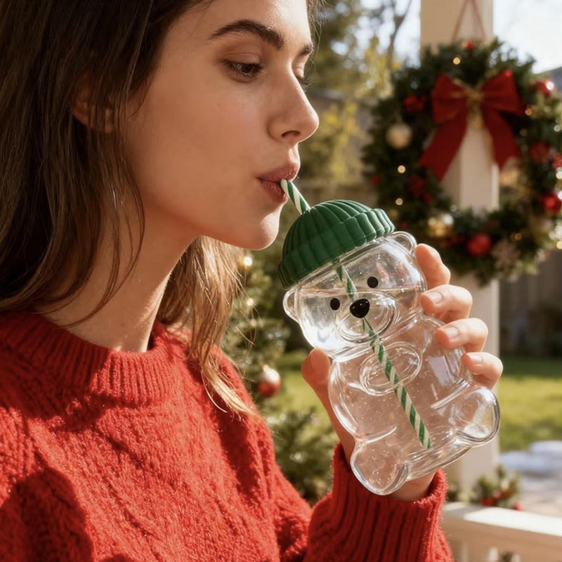 Bear-Shaped Glass Cup with Straw - Cute Cartoon Creative Tumbler for Coffee, Juice, Tea, Novelty New Year Decorative Mug
