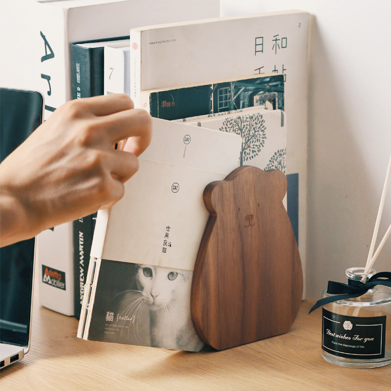 Simple Wooden Book Stand Creative Black Walnut Bookshelf Cartoon Bookend Student Solid Wood Cute Book Support