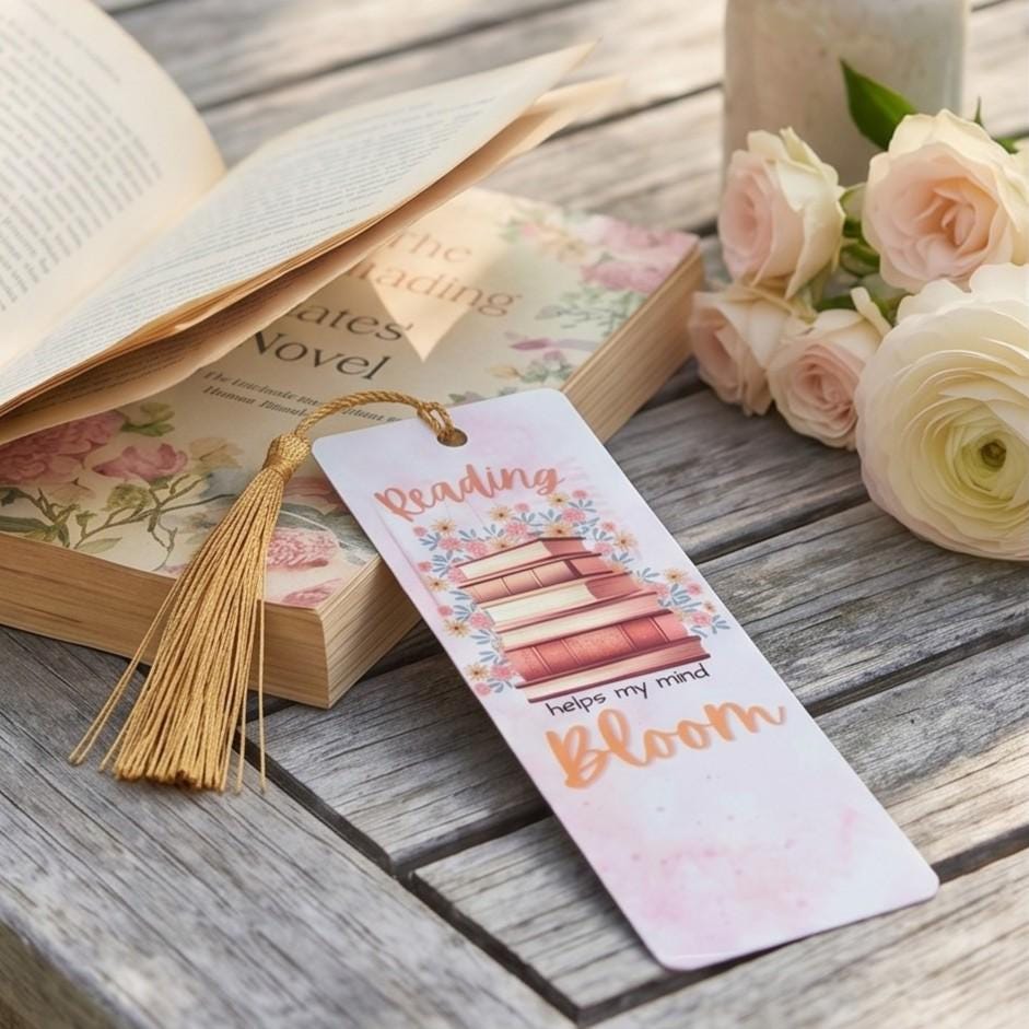 Floral Stack of Books Bookmark – Reading Helps My Mind Bloom, Gold Tassel