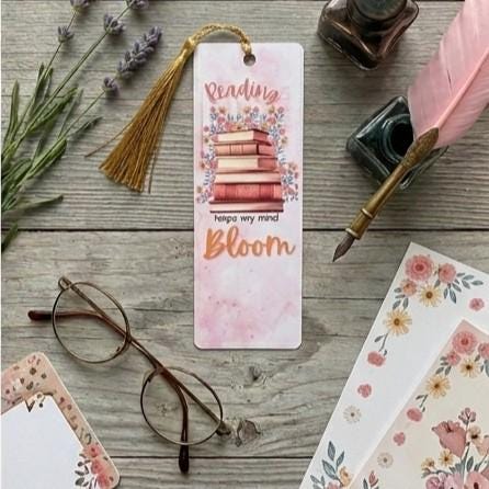Floral Stack of Books Bookmark – Reading Helps My Mind Bloom, Gold Tassel