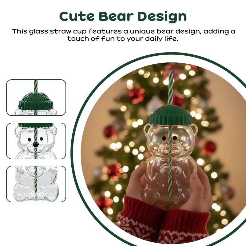 Bear-Shaped Glass Cup with Straw - Cute Cartoon Creative Tumbler for Coffee, Juice, Tea, Novelty New Year Decorative Mug