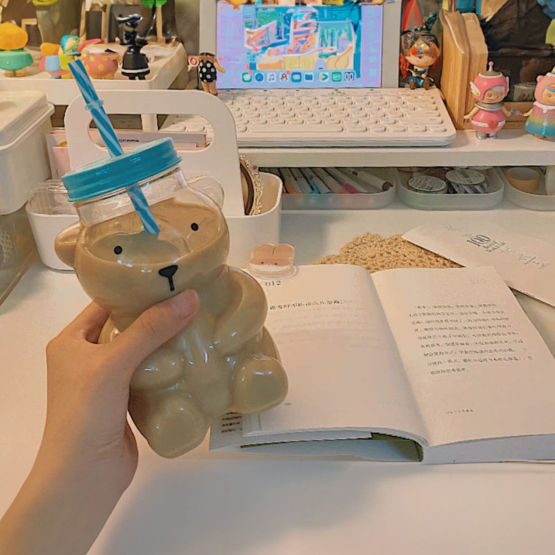 Bear-Shaped Glass Cup with Straw - Cute Cartoon Creative Tumbler for Coffee, Juice, Tea, Novelty New Year Decorative Mug