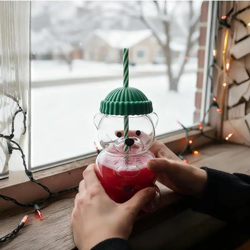 Bear-Shaped Glass Cup with Straw - Cute Cartoon Creative Tumbler for Coffee, Juice, Tea, Novelty New Year Decorative Mug