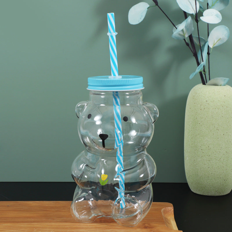 Bear-Shaped Glass Cup with Straw - Cute Cartoon Creative Tumbler for Coffee, Juice, Tea, Novelty New Year Decorative Mug