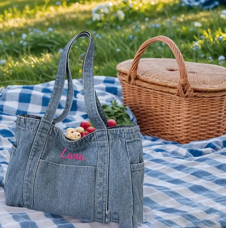 Custom Embroidered Denim Tote Bag | Personalised Women's Shoulder Bag