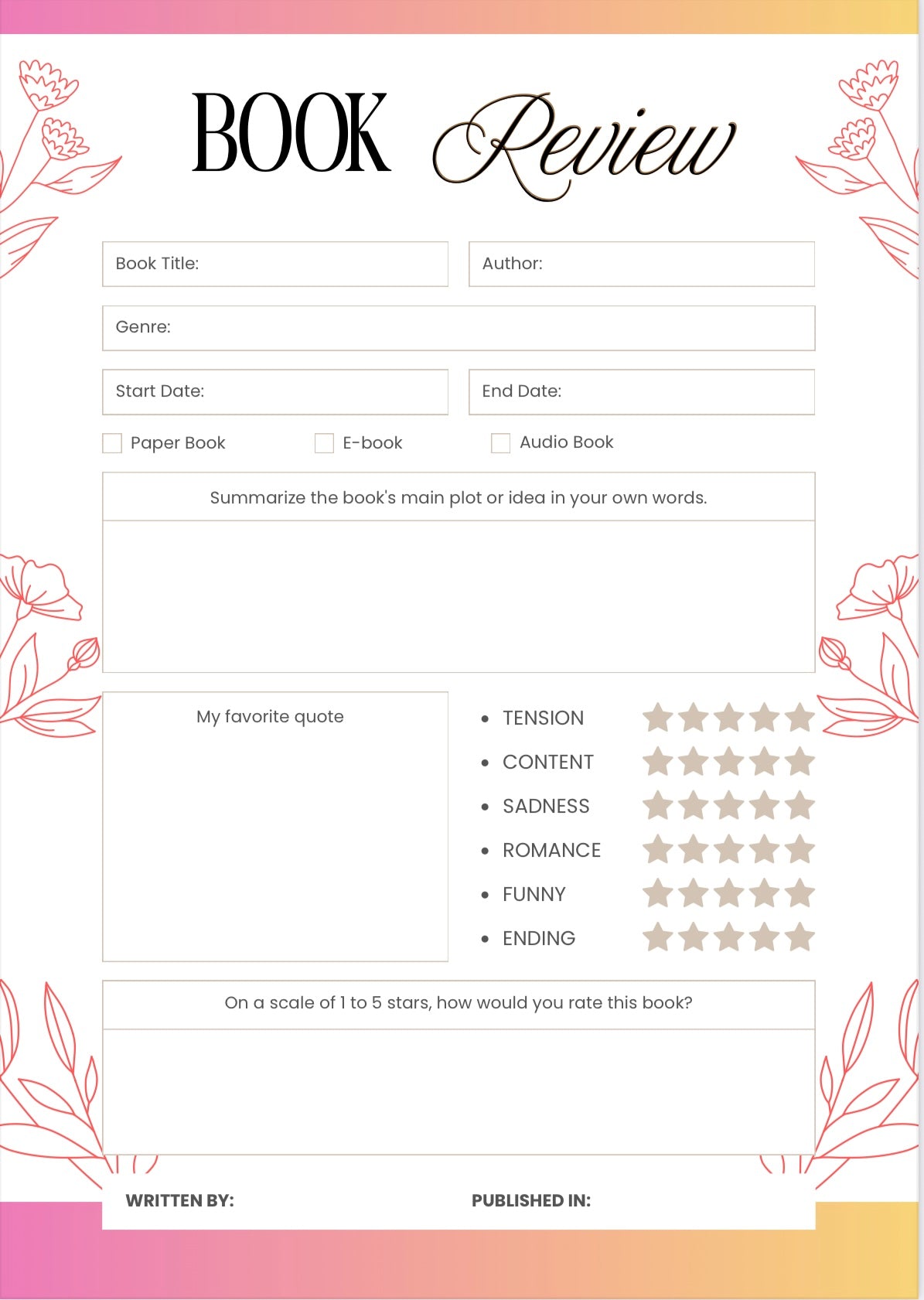 Book Review Journal Printable — PDF Book Review Template