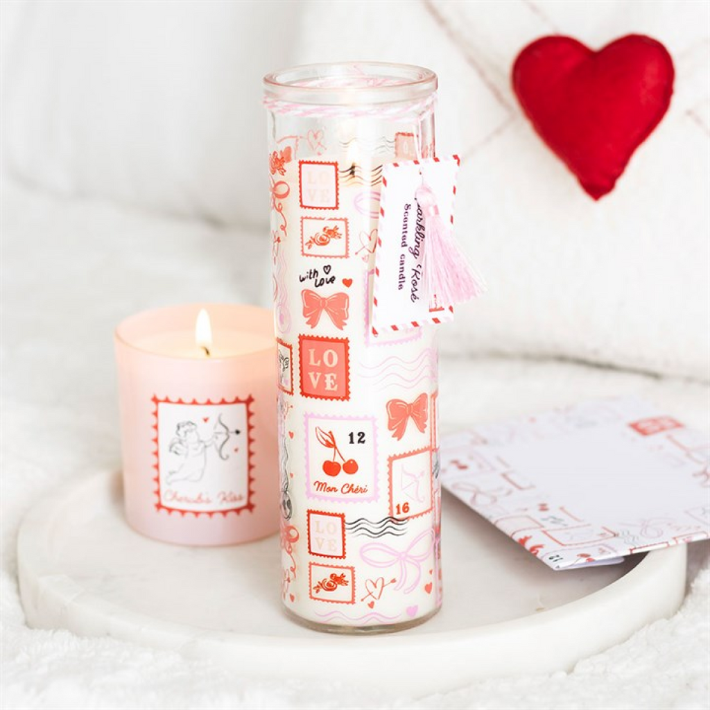 Valentine Stamp Print Sparkling Rose Tube Candle